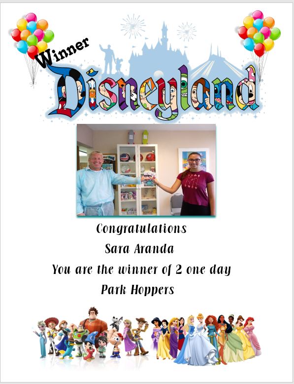 Winner Disneyland Congratulations Sara Aranda You are the winner of 2 one day Park Hoppers